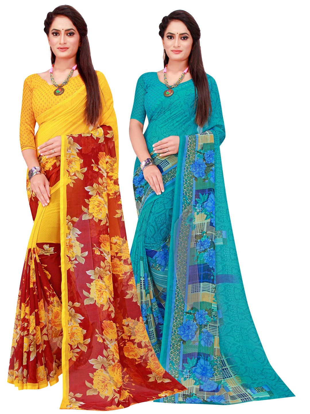 

SAADHVI Turquoise Blue & Red Set Of 2 Floral Pure Georgette Saree