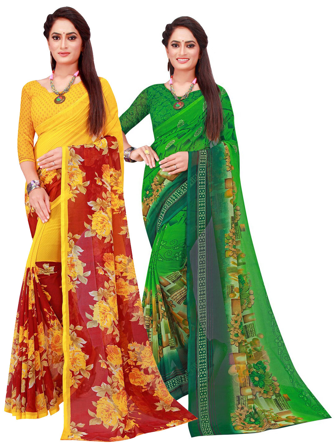 

SAADHVI Maroon & Green Floral Printed Pure Georgette Saree Pack Of 2
