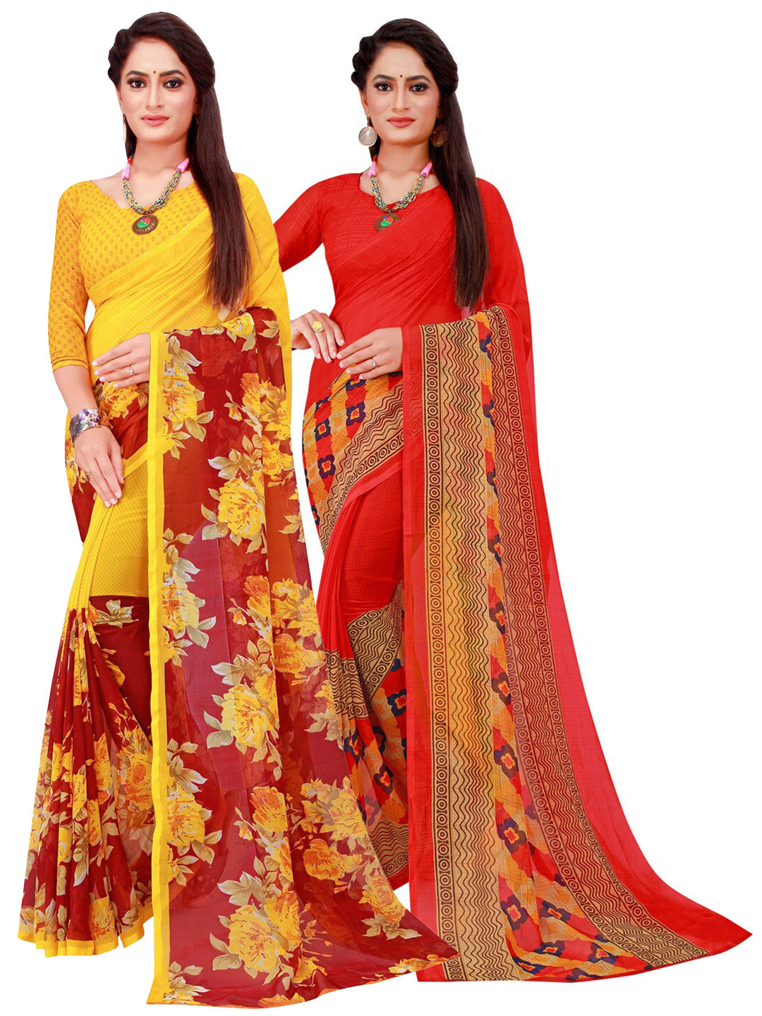 

SAADHVI Pack Of 2 Red & Yellow Floral Pure Georgette Sarees