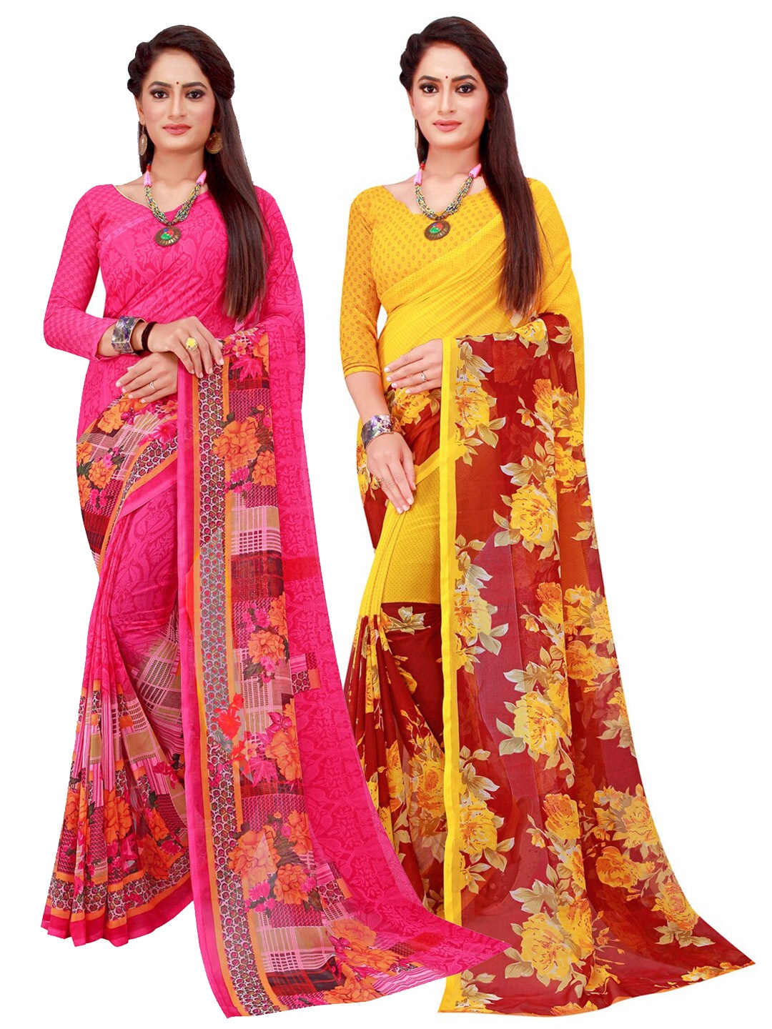 

SAADHVI Magenta & Yellow Set of 2 Floral Printed Georgette saree