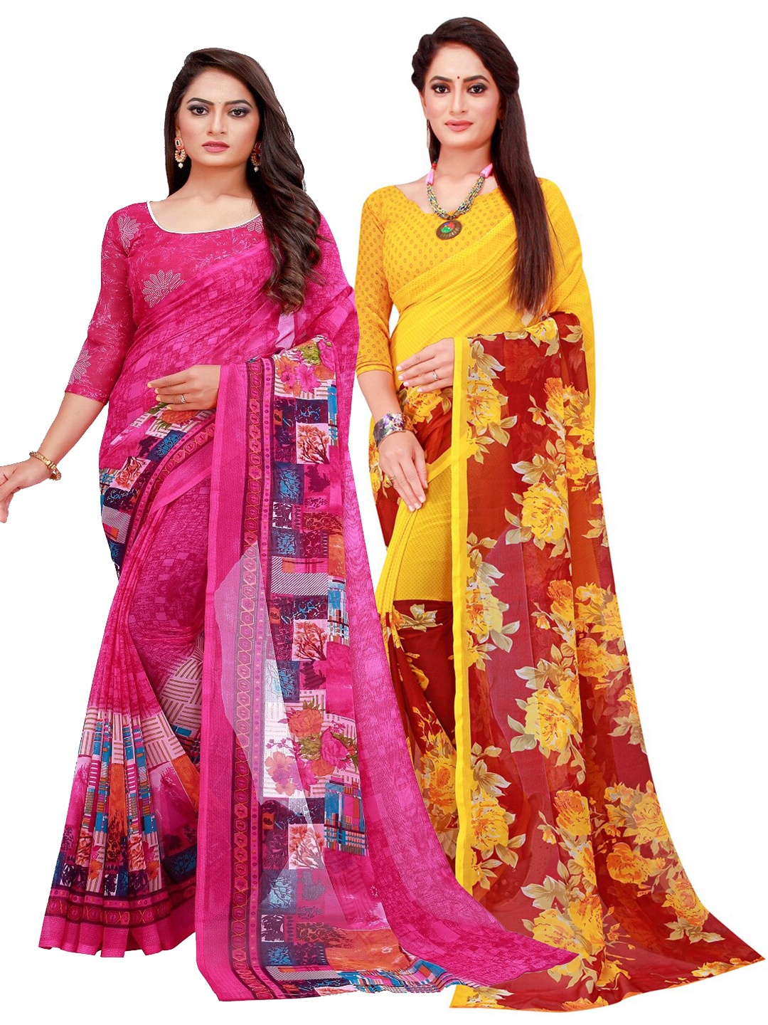 

SAADHVI Magenta & Yellow Printed Pure Georgette Saree Pack Of 2