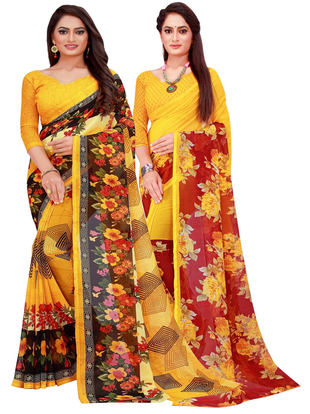 

SAADHVI Yellow Printed Pure Georgette Saree Pack Of 2