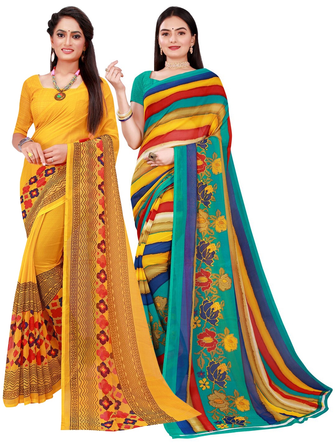 

Florence Pack Of 2 Yellow & Blue Floral Pure Georgette Sarees