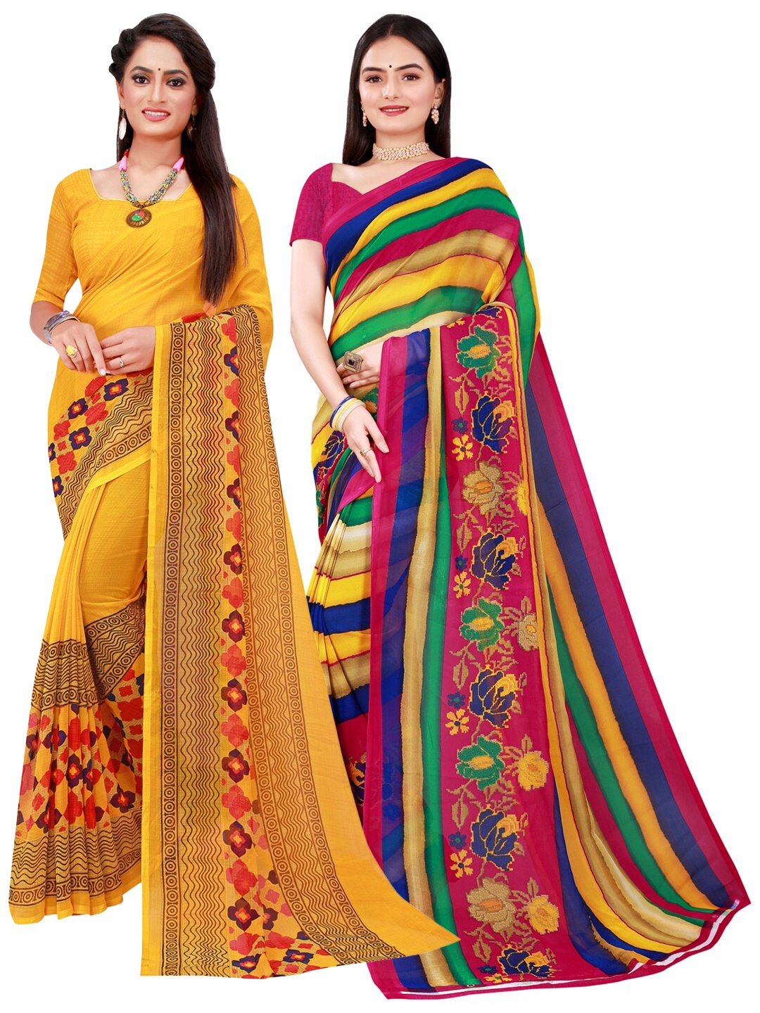 

Florence Yellow & Pink Set Of 2 Floral Pure Georgette Saree