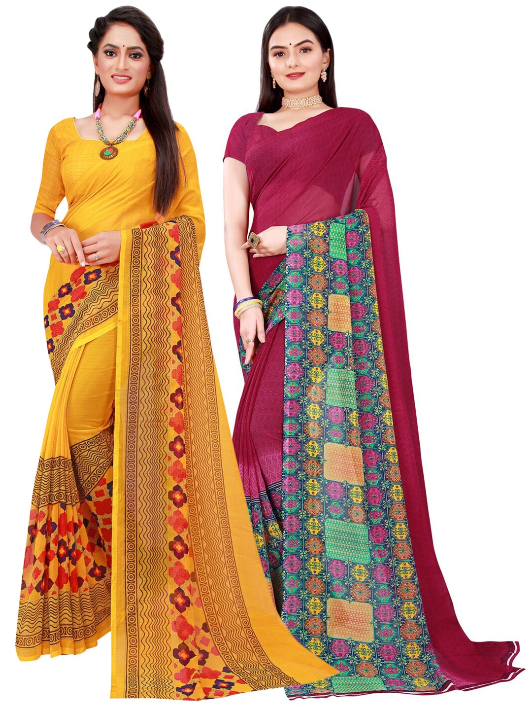 

Florence Yellow & Maroon Printed Pure Georgette Saree Pack Of 2