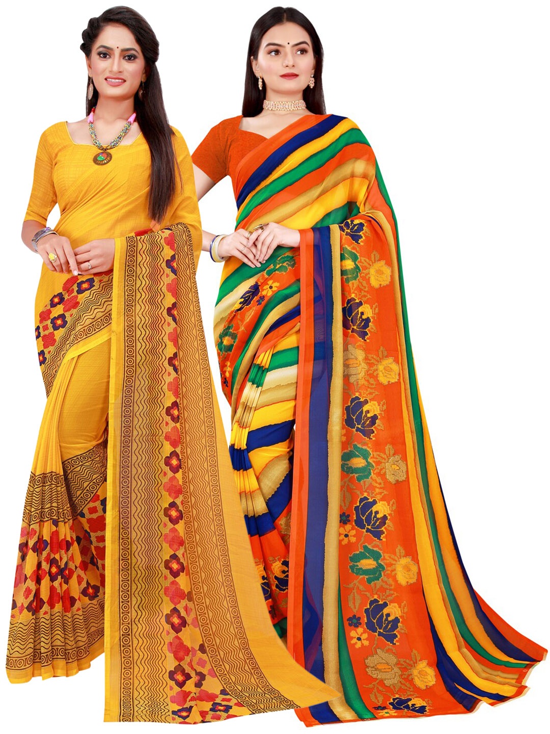 

Florence Pack Of 2 Yellow & Green Floral Pure Georgette Sarees