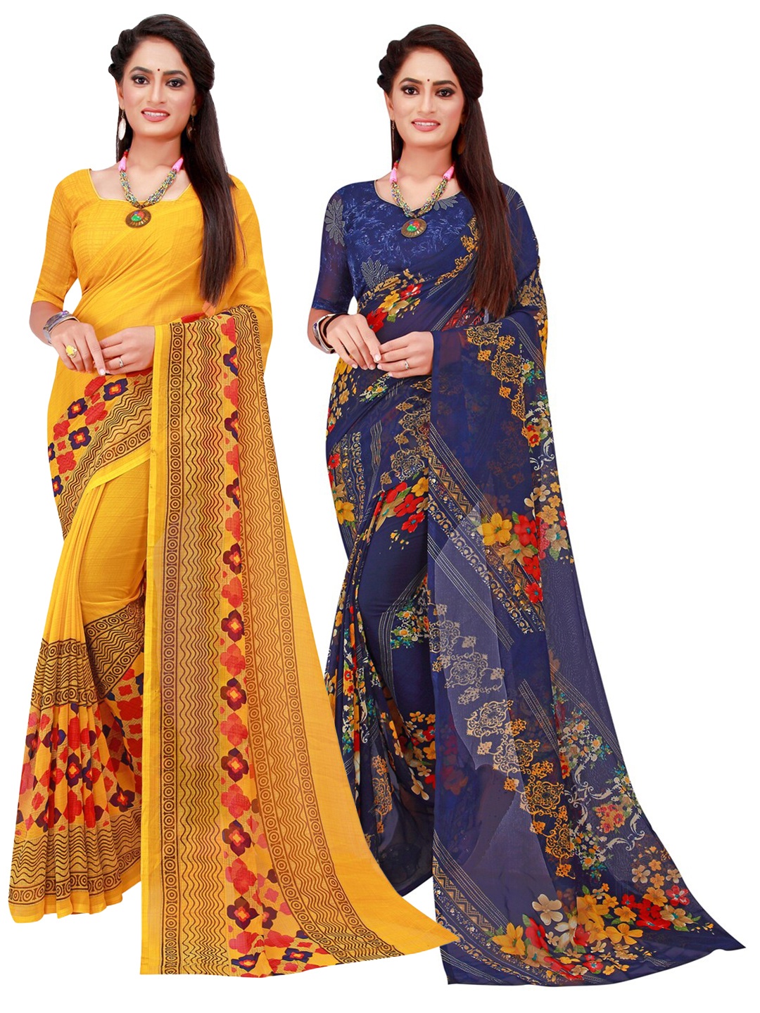 

Florence Yellow & Navy Blue Set Of 2 Floral Pure Georgette Saree