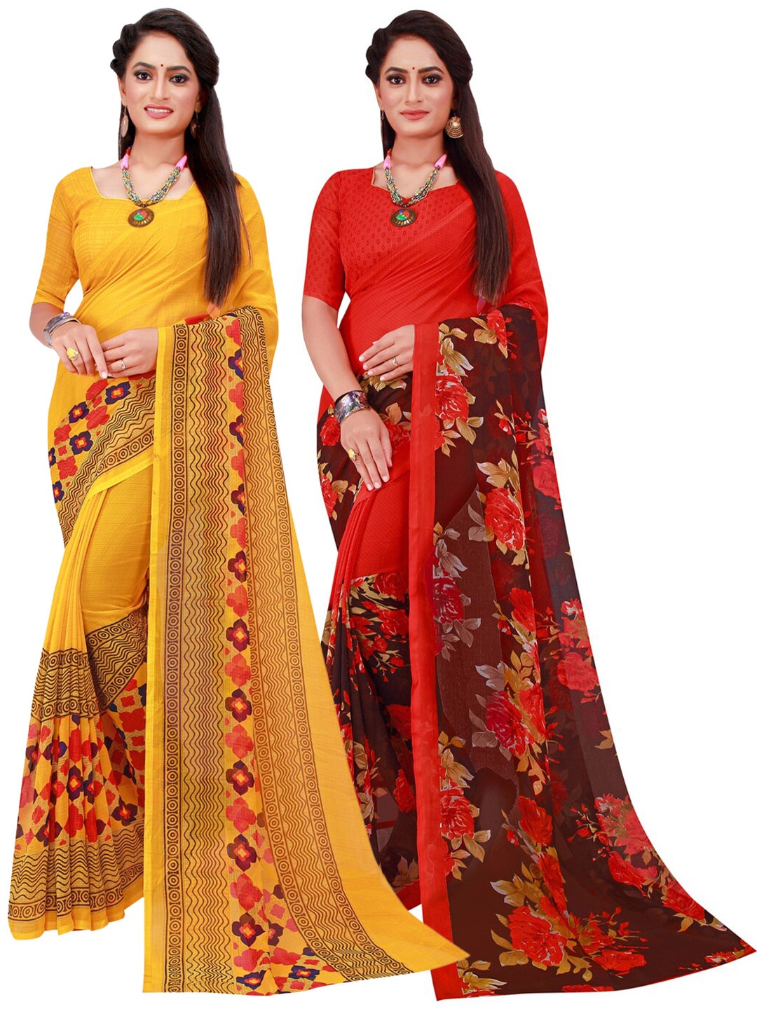 

Florence Yellow & Red Set Of 2 Floral Pure Georgette Saree