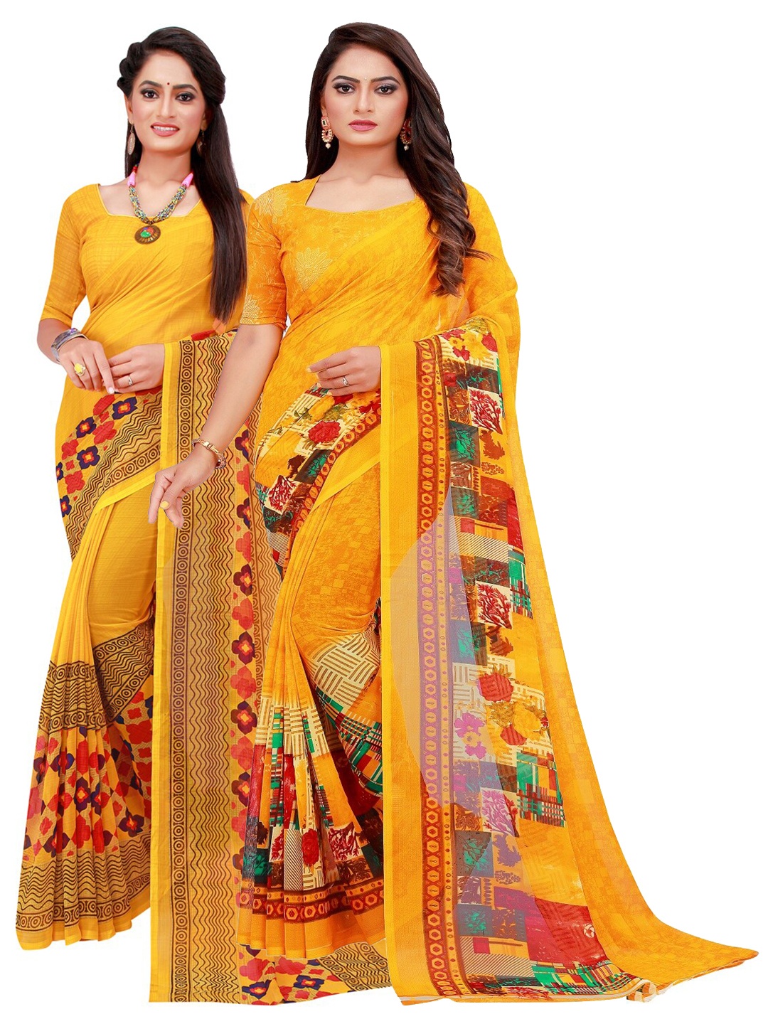 

Florence Set Of 2 Yellow & Green Floral Pure Georgette Saree