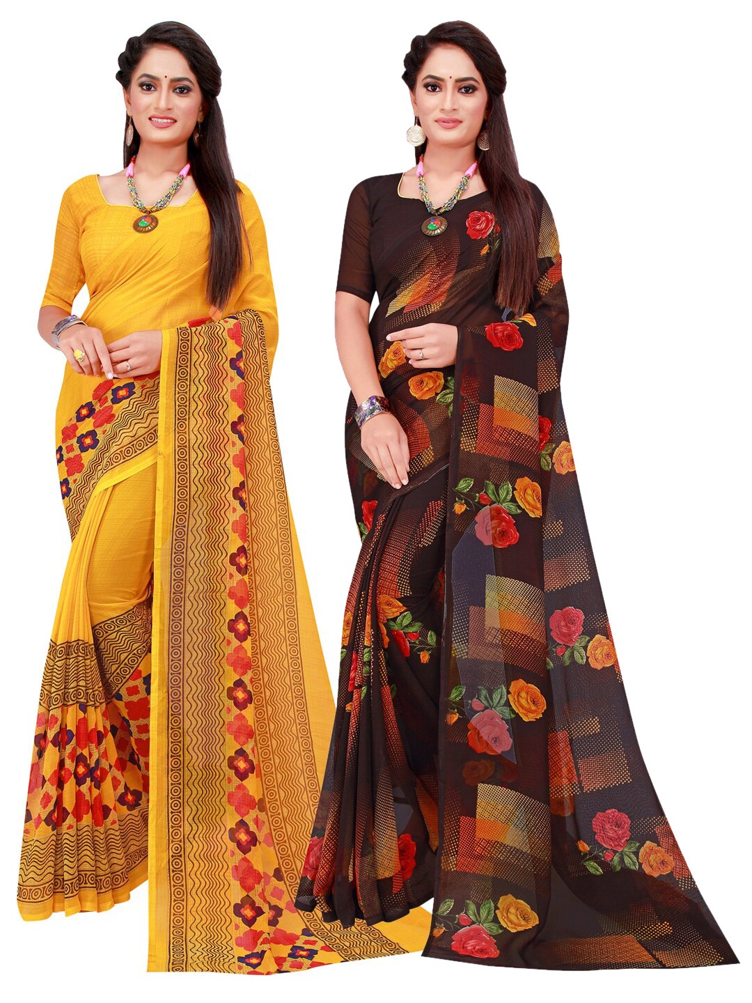 

Florence Yellow & Black Set of 2 Floral Printed Georgette saree