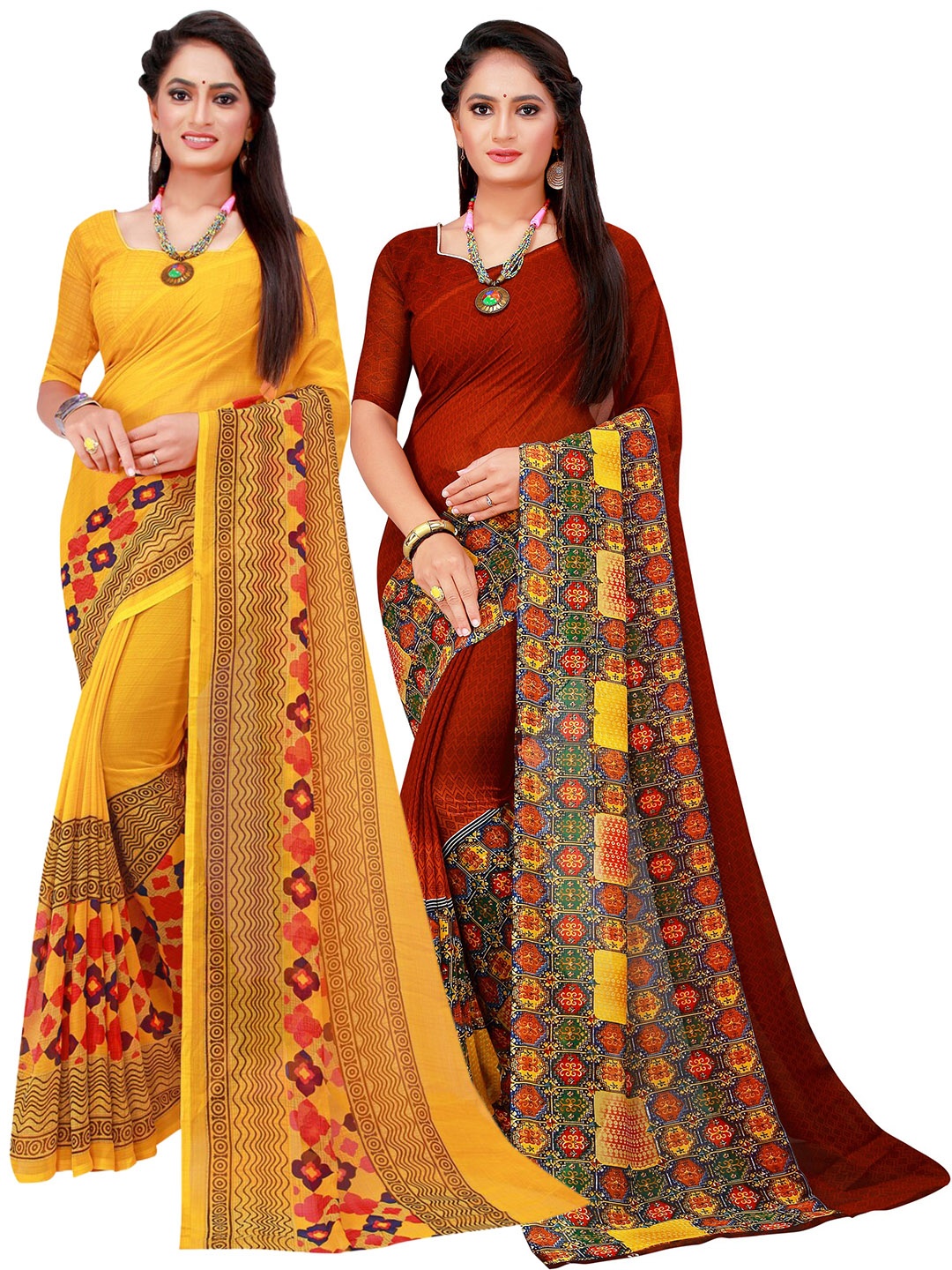 

Florence Pack Of 2 Yellow & Maroon Floral Pure Georgette Sarees