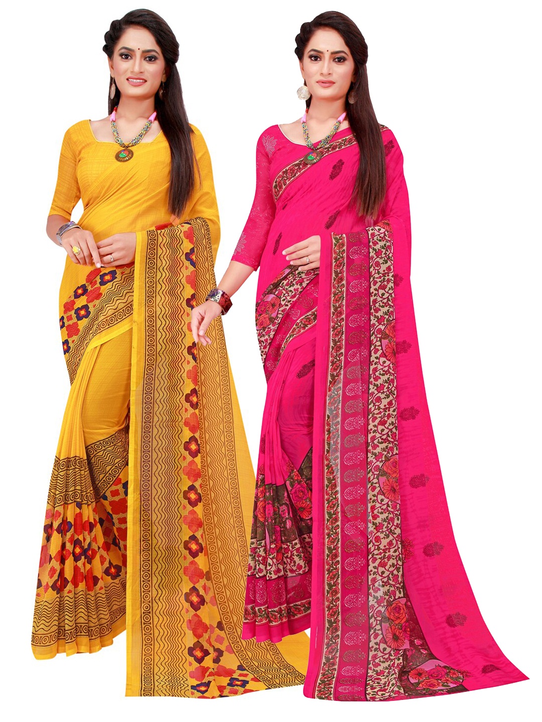 

Florence Set Of 2 Yellow & Magenta Floral Pure Georgette Saree