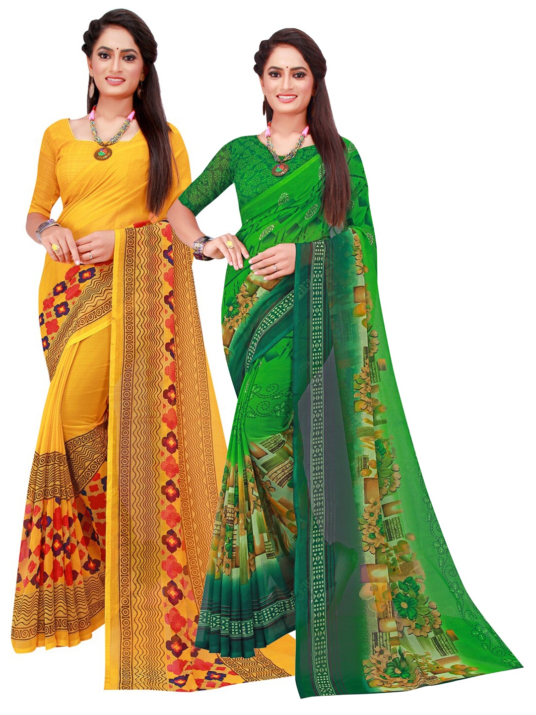 

Florence Yellow & Green Set Of 2 Floral Pure Georgette Saree