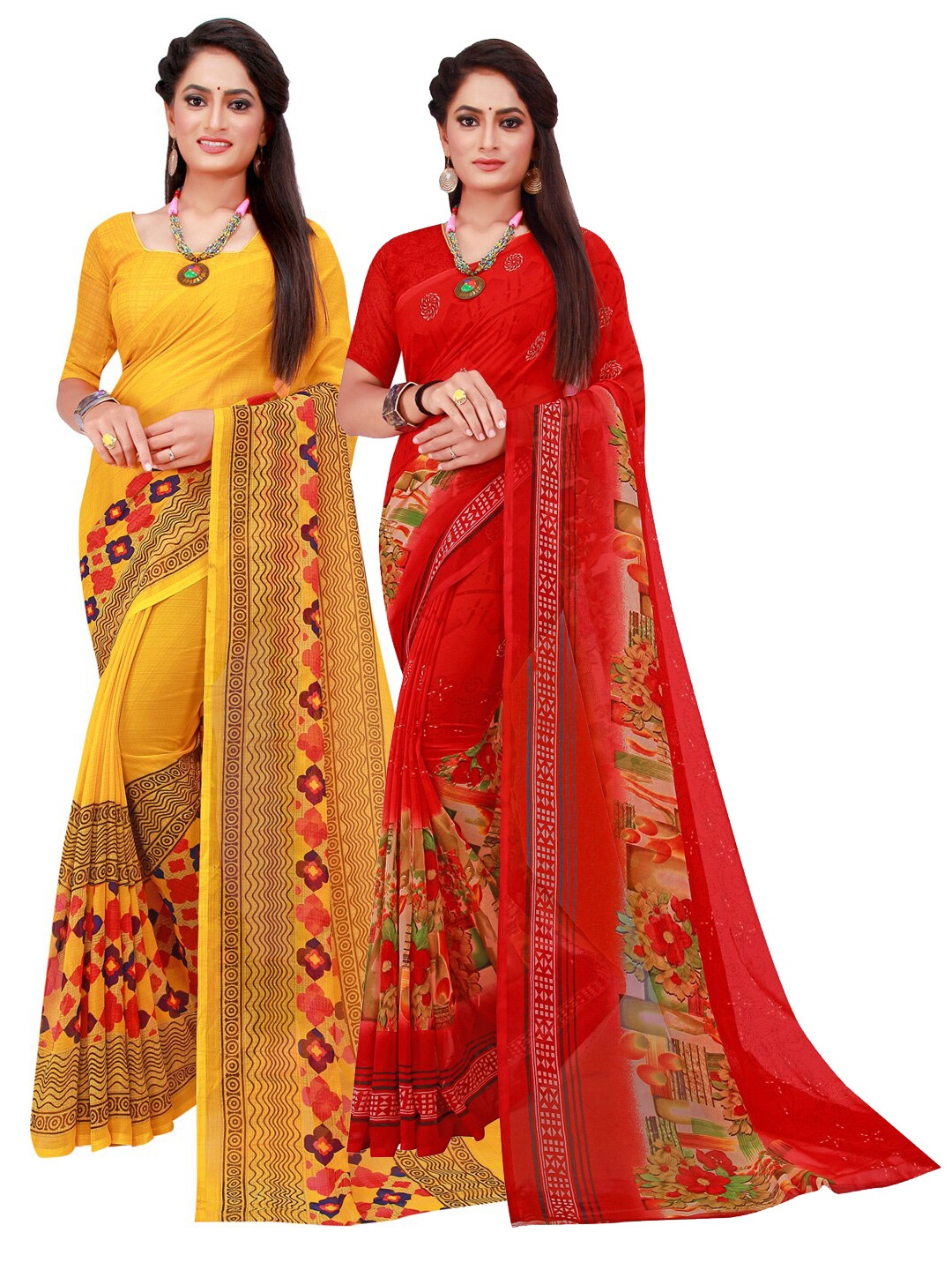 

Florence Red & Yellow Set of 2 Floral Printed Georgette saree