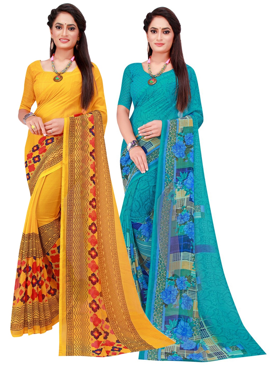 

Florence Turquoise Blue & Yellow Printed Pure Georgette Saree Pack Of 2
