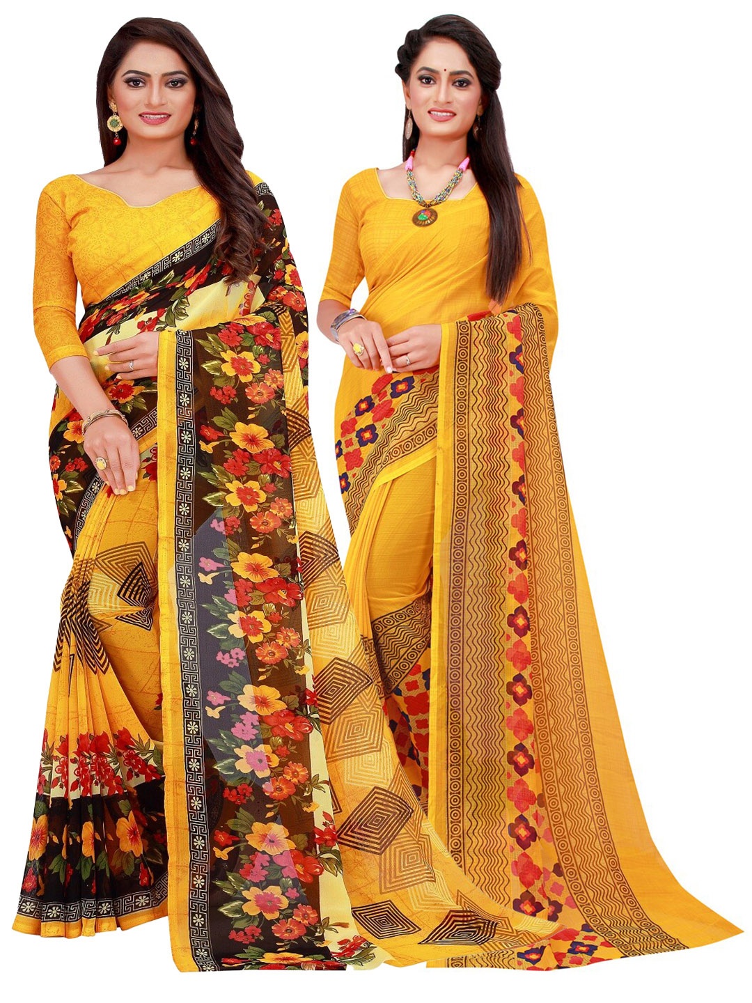 

Florence Yellow Printed Pure Georgette Saree Pack Of 2