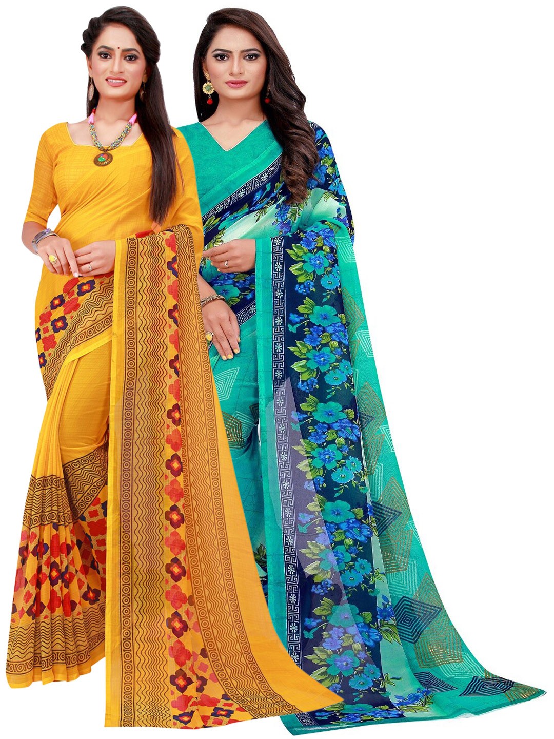 

Florence Set Of 2 Turquoise Blue & Yellow Floral Pure Georgette Saree