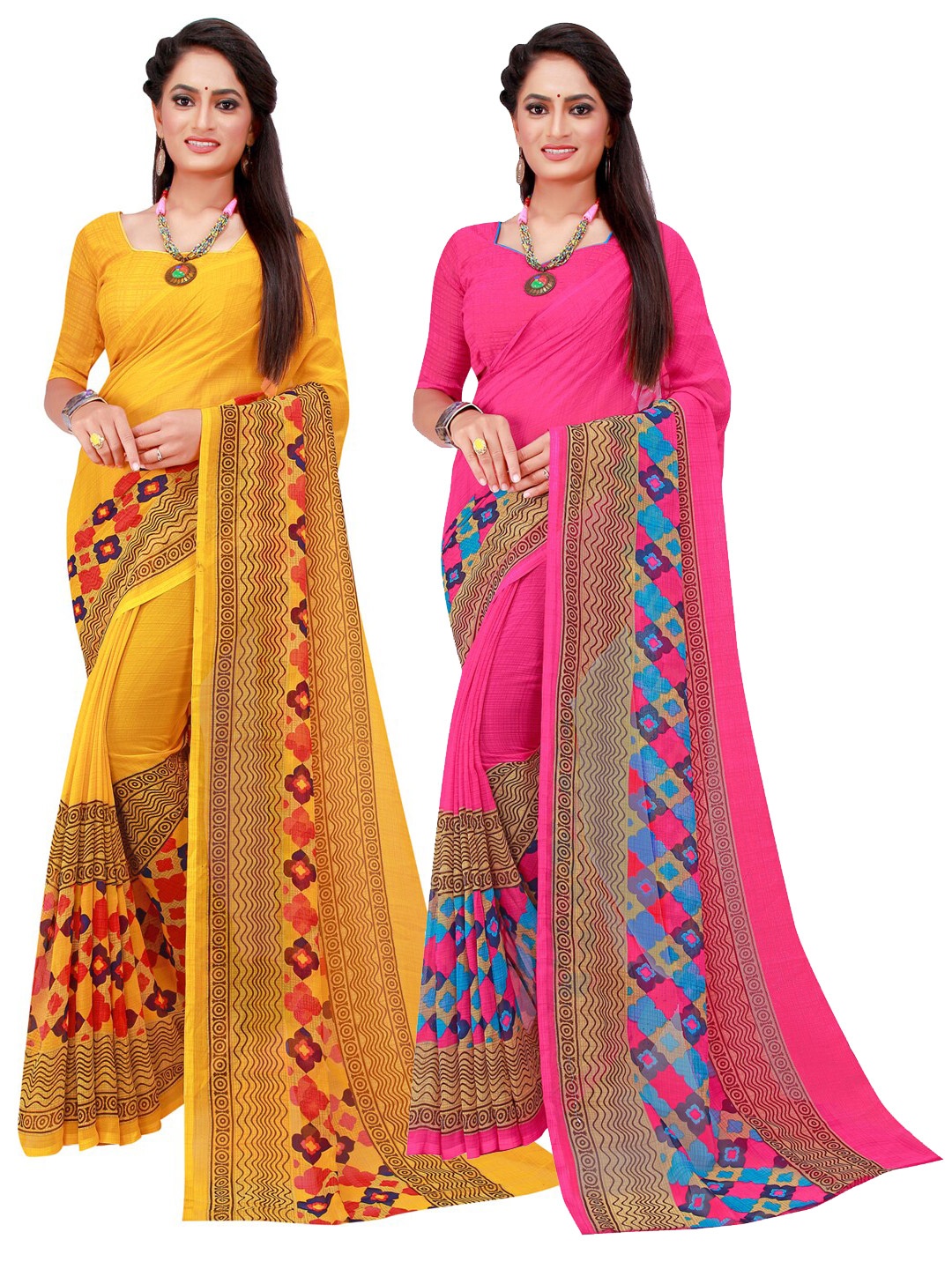 

Florence Pack Of 2 Magenta & Yellow Floral Pure Georgette Sarees