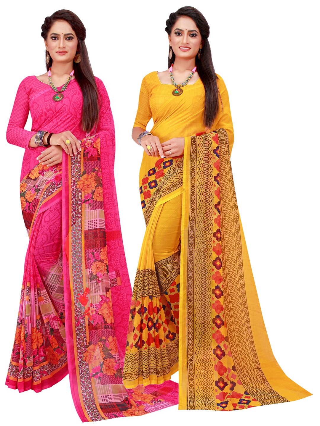 

Florence Pink & Yellow Set Of 2 Floral Pure Georgette Saree