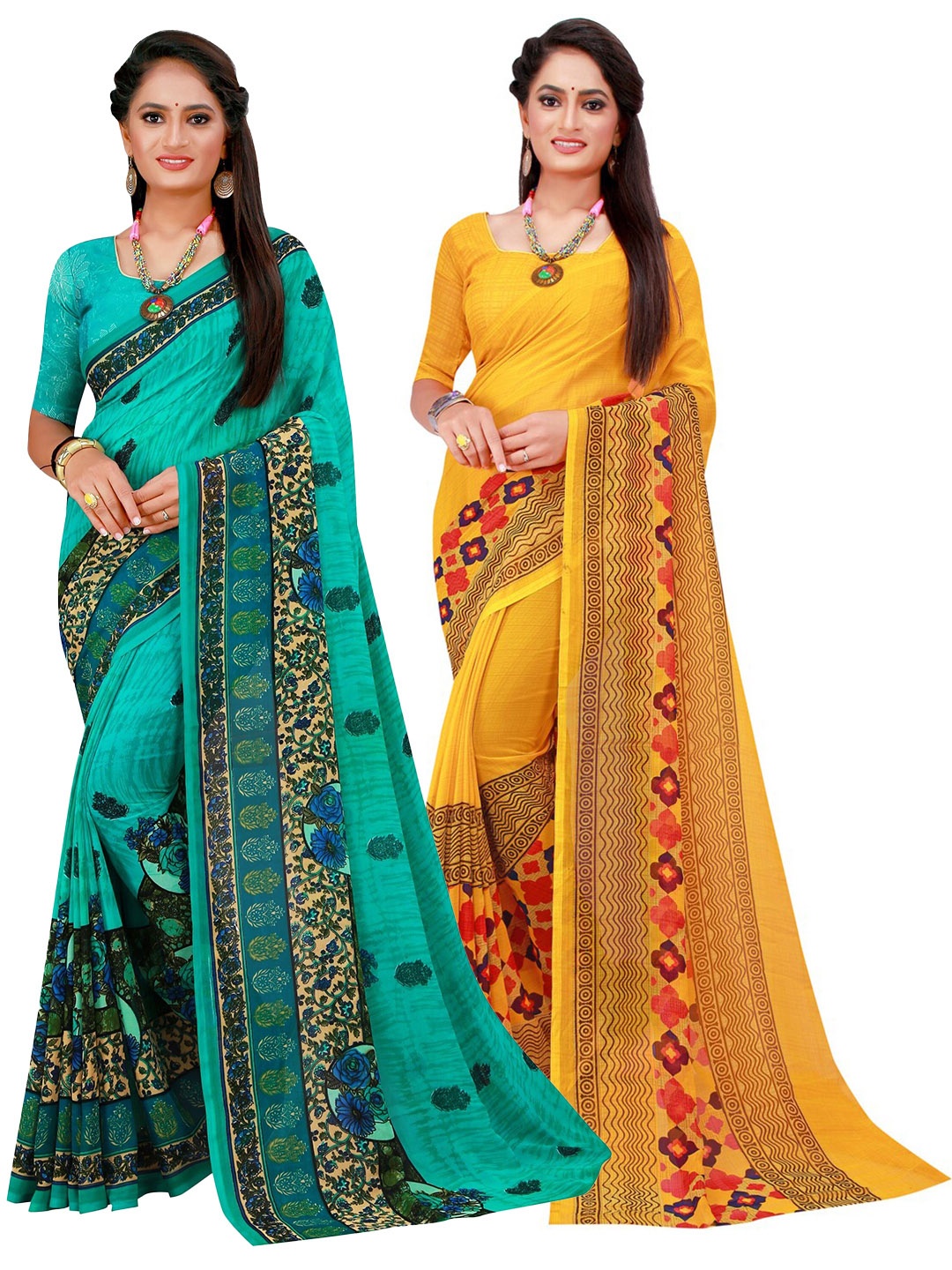 

Florence Pack Of 2 Yellow & Turquoise Blue Floral Pure Georgette Sarees