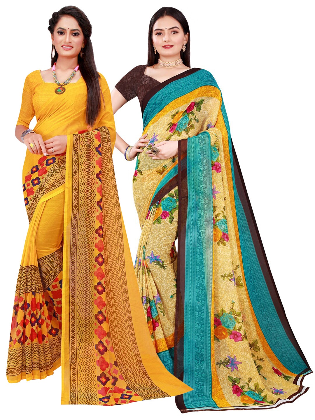 

Florence Yellow & Green Set Of 2 Floral Pure Georgette Saree