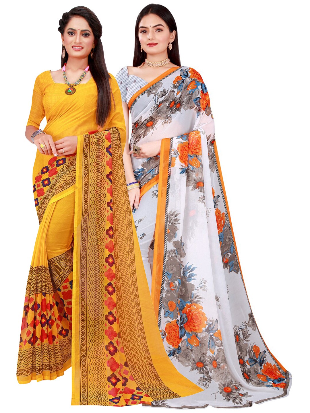 

Florence Pack Of 2 Yellow & White Floral Pure Georgette Sarees