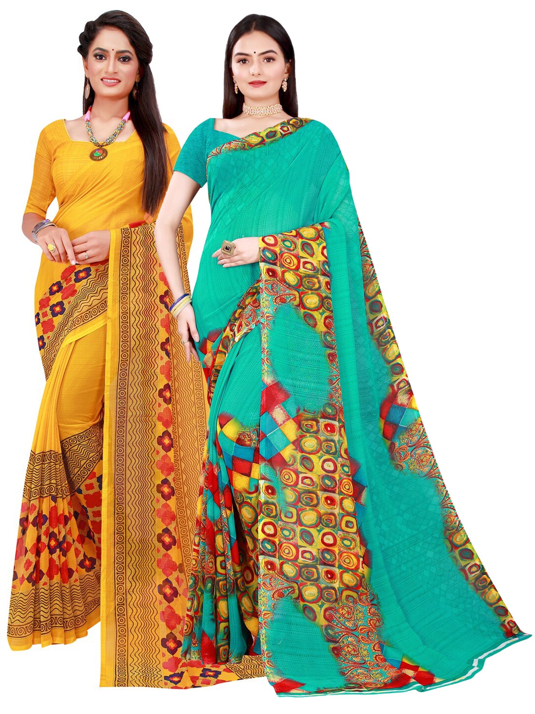 

Florence Yellow & Green Printed Pure Georgette Saree Pack Of 2