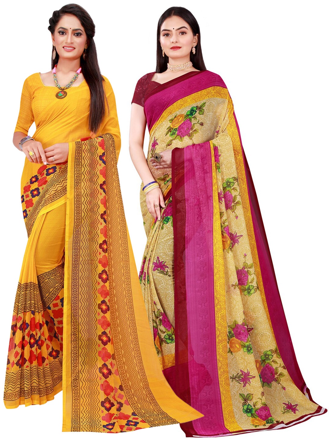 

Florence Yellow & Beige Printed Pure Georgette Saree Pack Of 2
