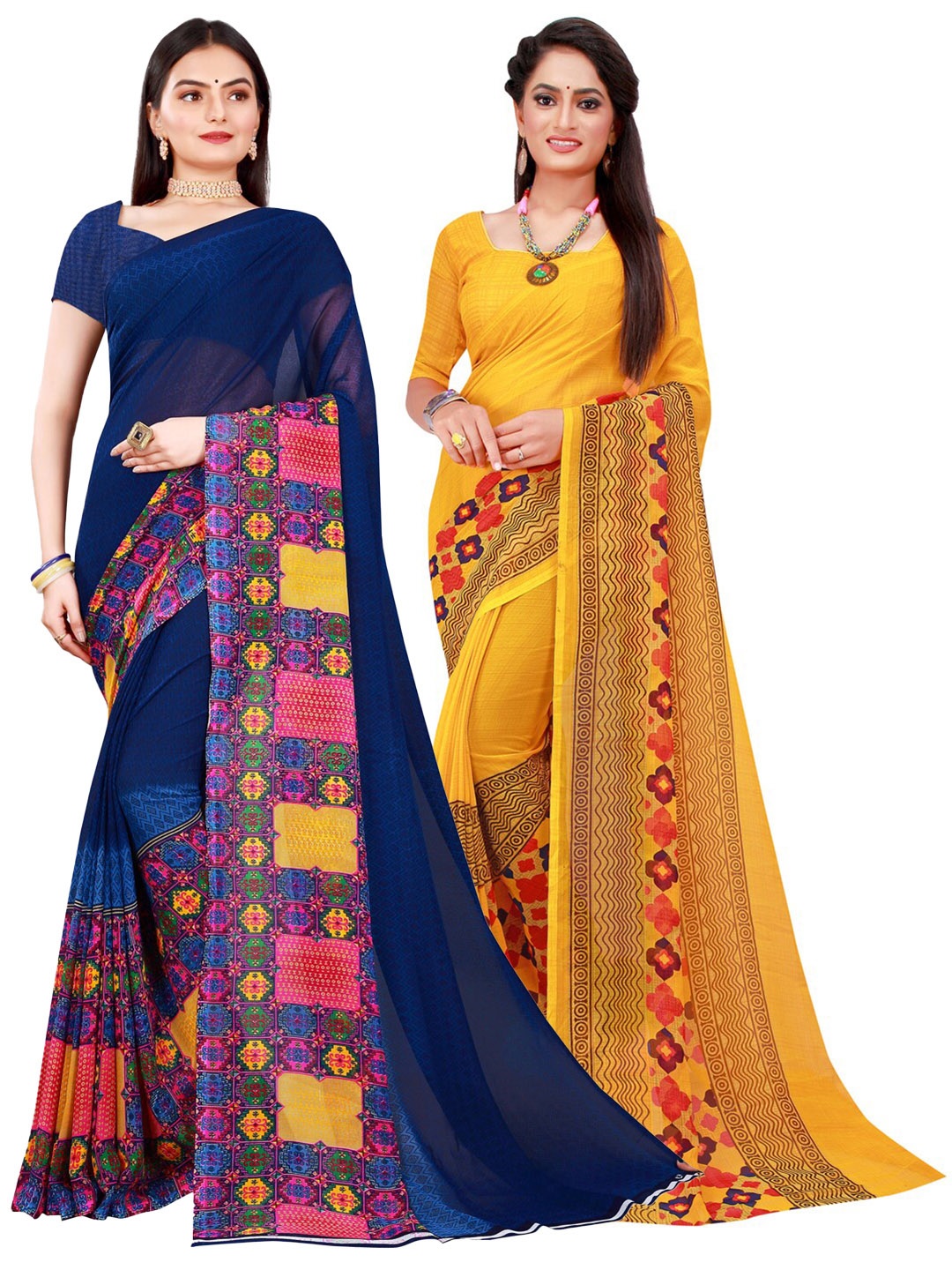 

Florence Set Of 2 Yellow & Blue Ethnic Motifs Pure Georgette Saree