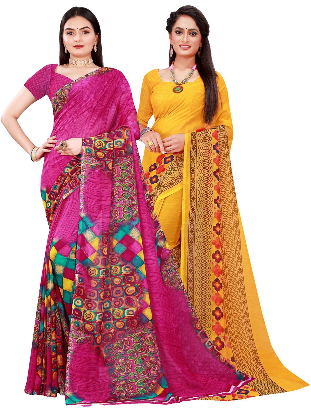 

Florence Pack Of 2 Magenta & Mustard Floral Pure Georgette Sarees