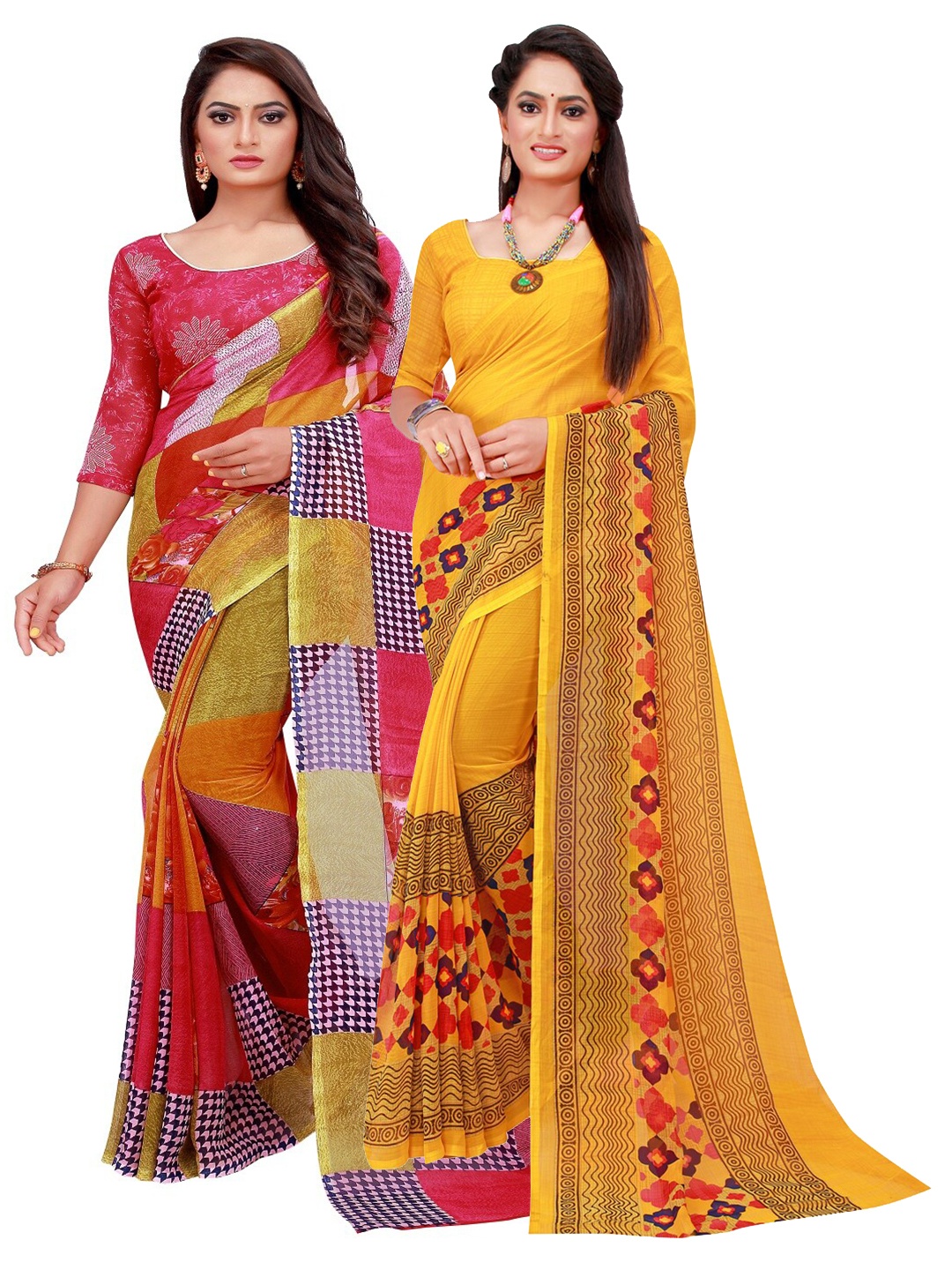 

Florence Pink & Yellow Printed Pure Georgette Saree Pack Of 2