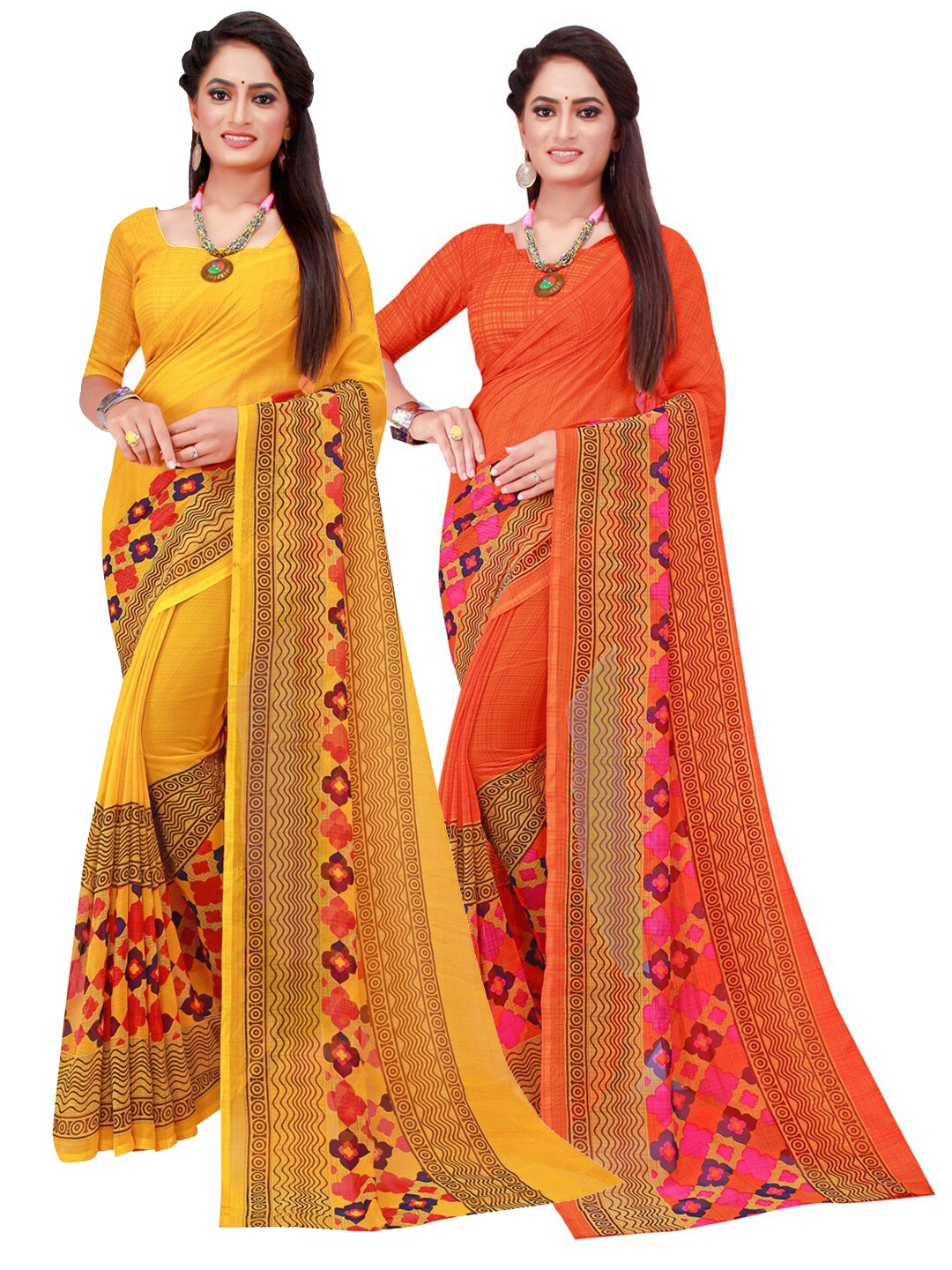 

Florence Set Of 2 Orange & Yellow Floral Pure Georgette Saree