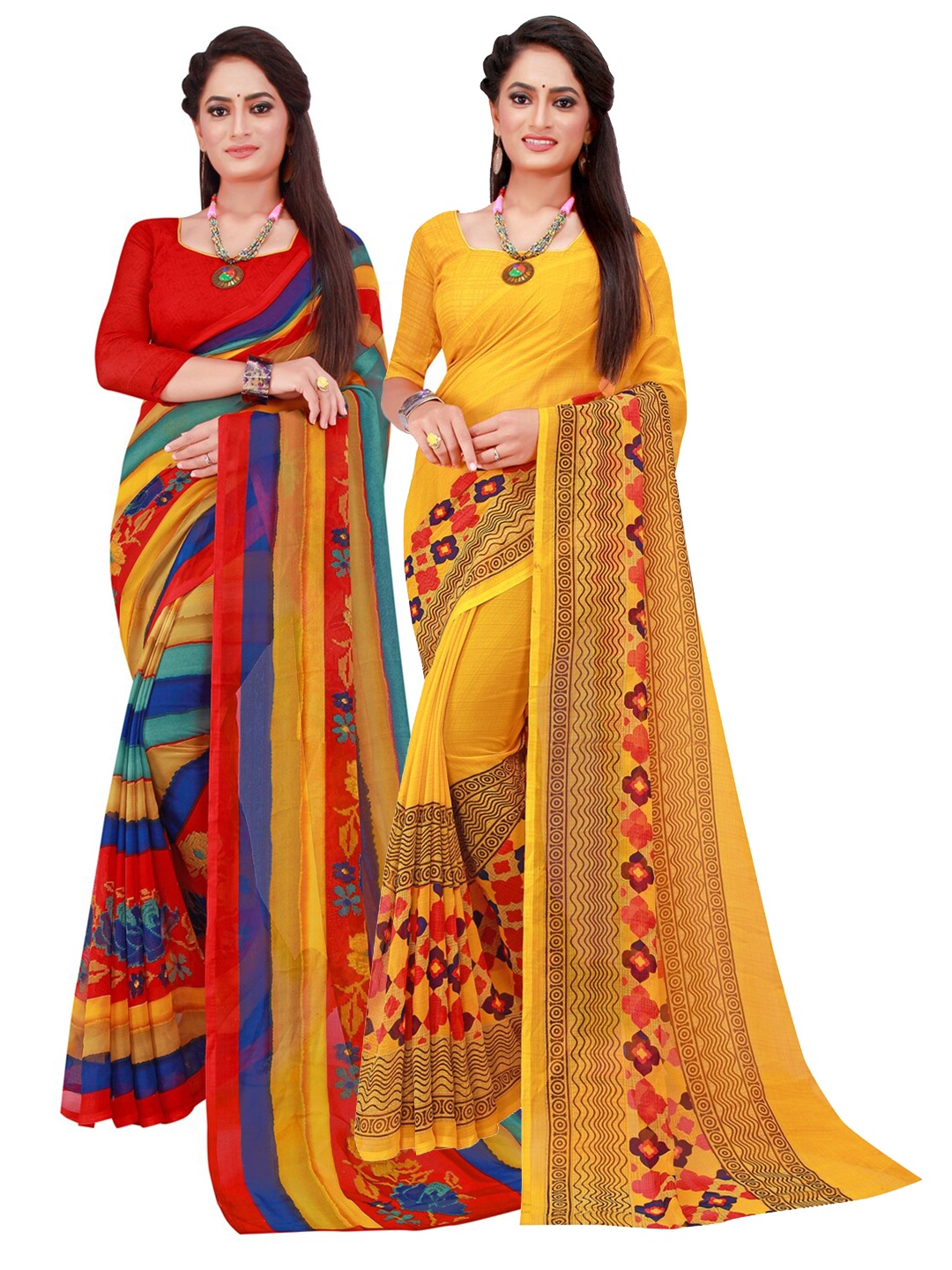 

Florence Pack Of 2 Yellow & Red Floral Pure Georgette Sarees