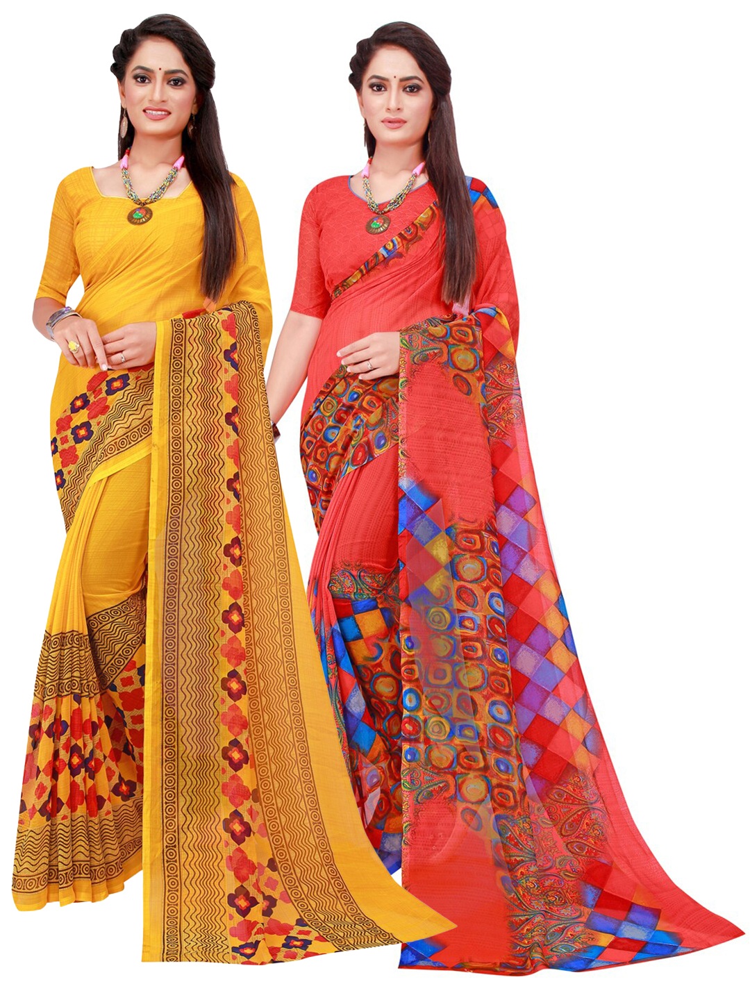 

Florence Red & Orange Set Of 2 Floral Pure Georgette Saree