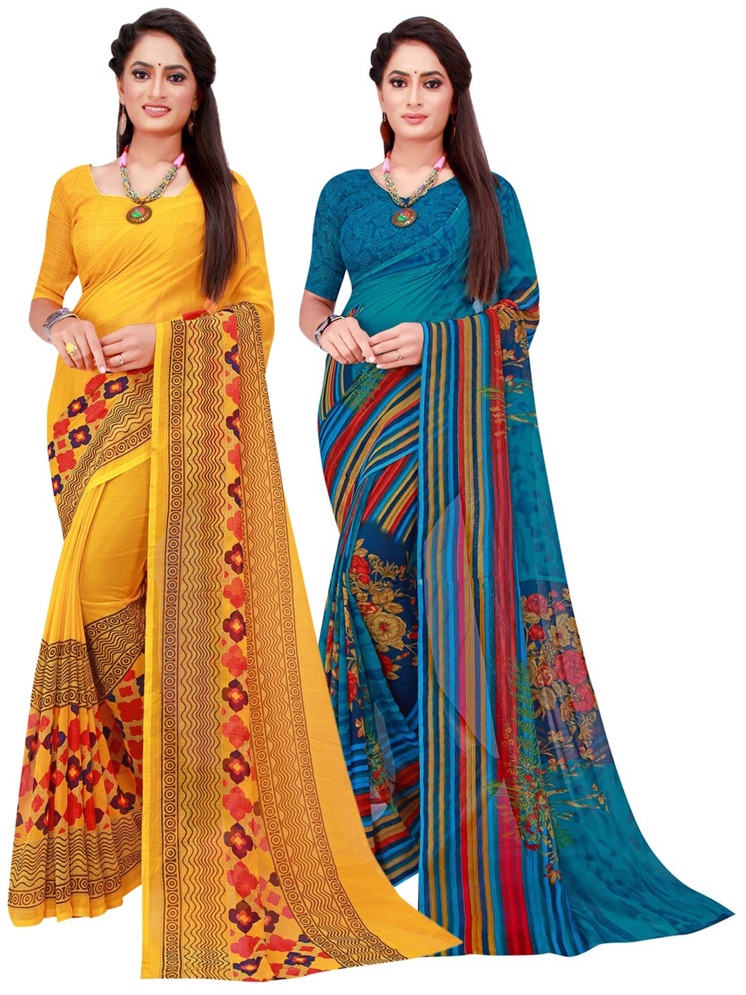 

Florence Yellow & Blue Striped Printed Pure Georgette Saree Pack Of 2