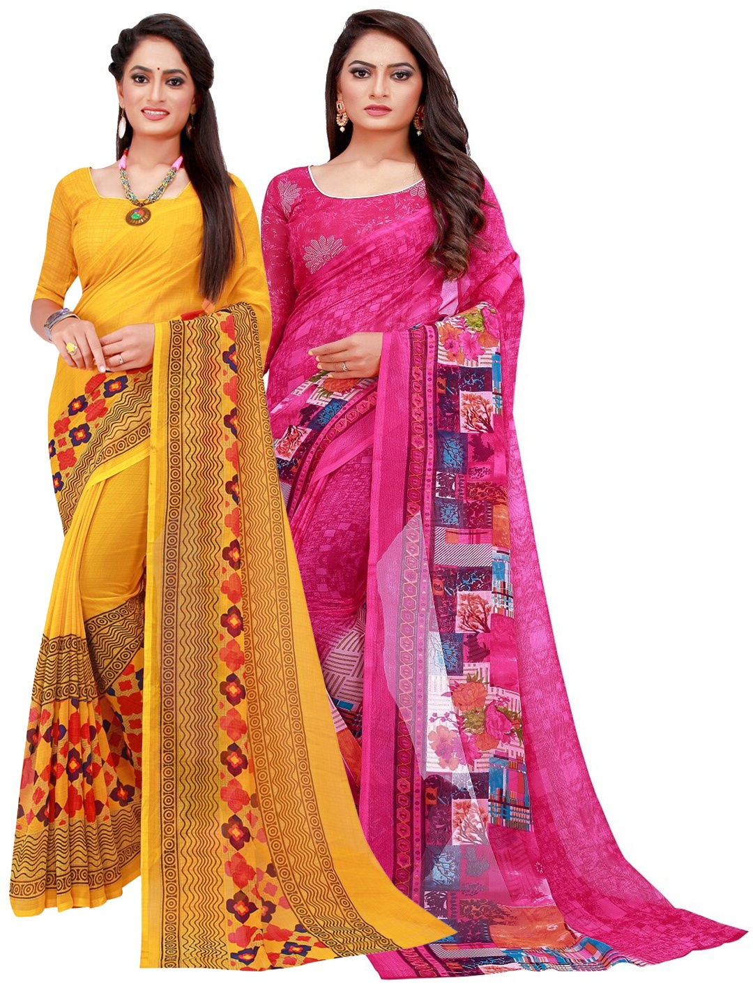 

Florence Magenta & Yellow Printed Pure Georgette Saree Pack Of 2