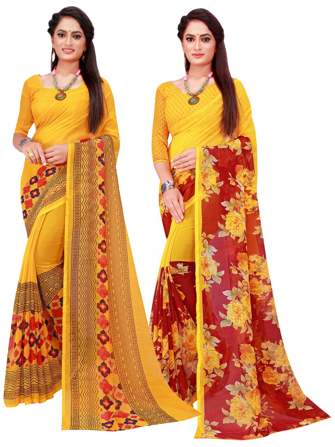 

Florence Pack Of 2 Yellow & Maroon Floral Pure Georgette Sarees