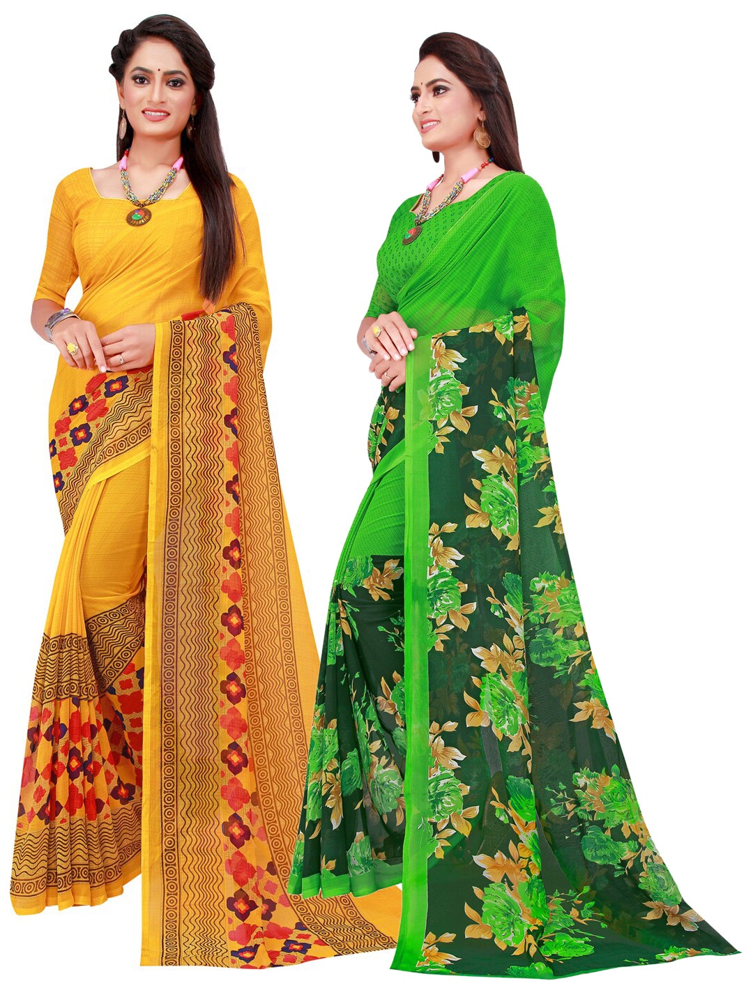 

Florence Set Of 2 Yellow & Green Floral Pure Georgette Saree