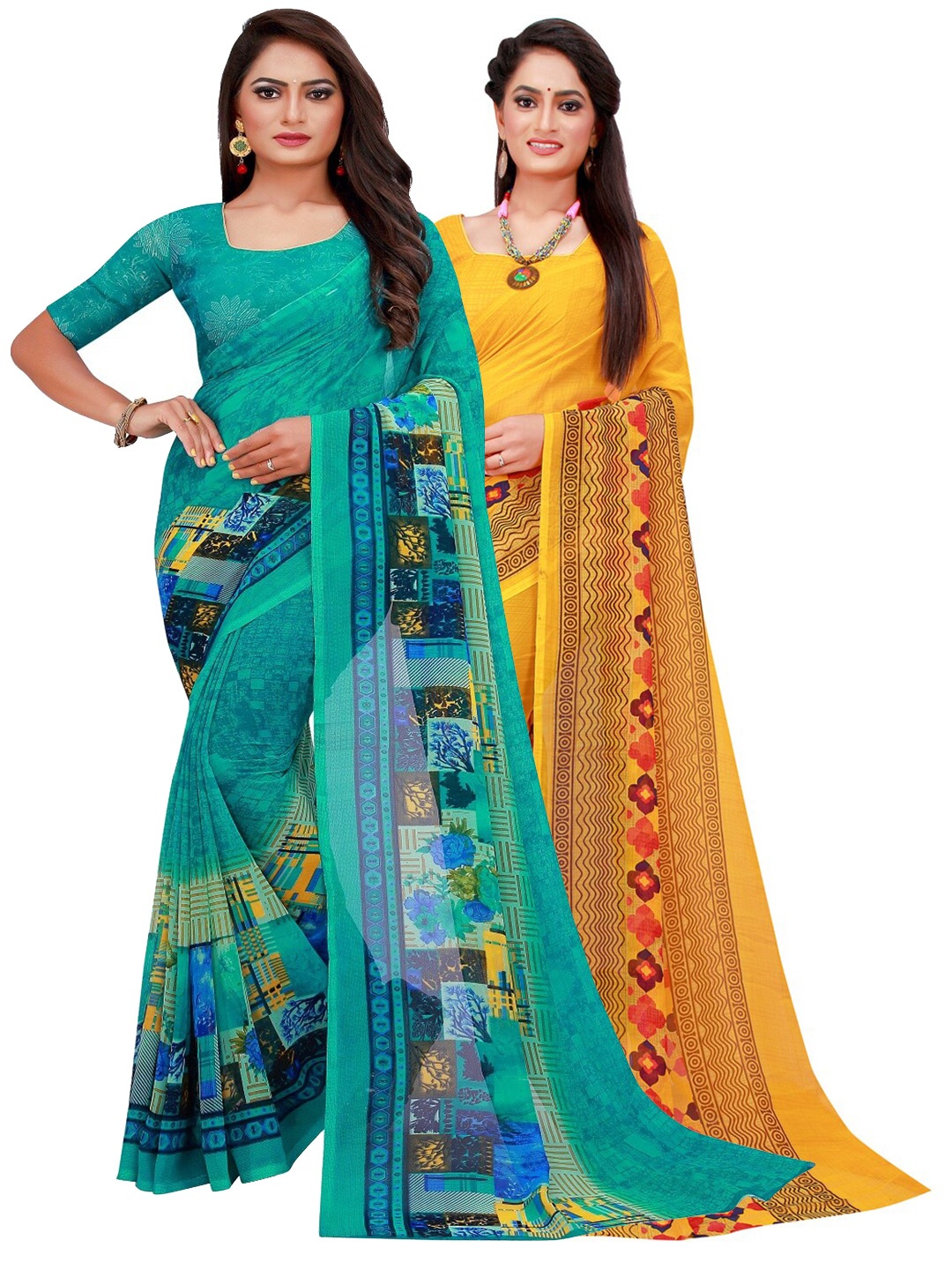 

Florence Turquoise Blue & Yellow Printed Pure Georgette Saree Pack Of 2