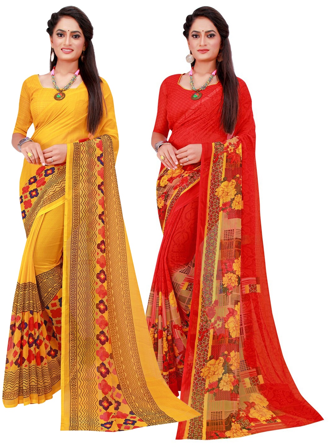 

Florence Pack Of 2 Yellow & Red Floral Pure Georgette Sarees