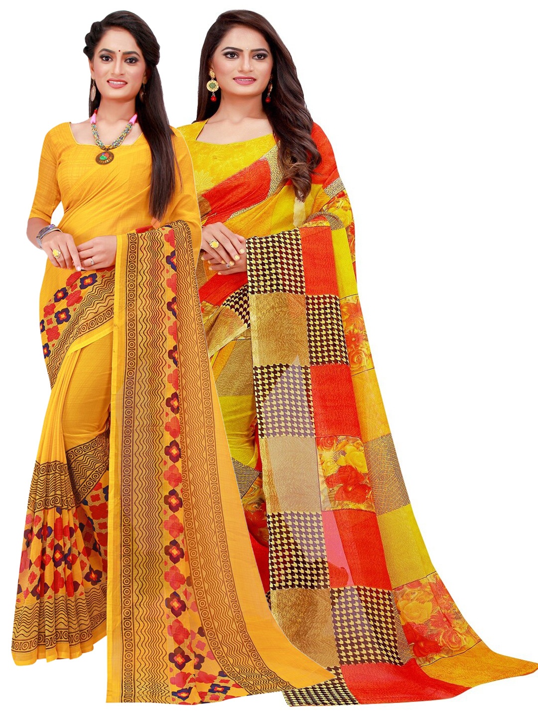 

Florence Yellow & Red Set Of 2 Floral Pure Georgette Saree