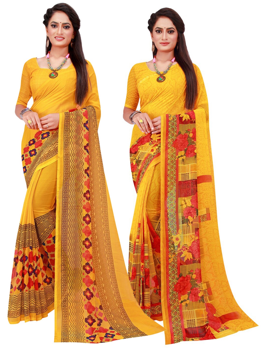 

Florence Yellow & Red Set of 2 Floral Printed Georgette saree