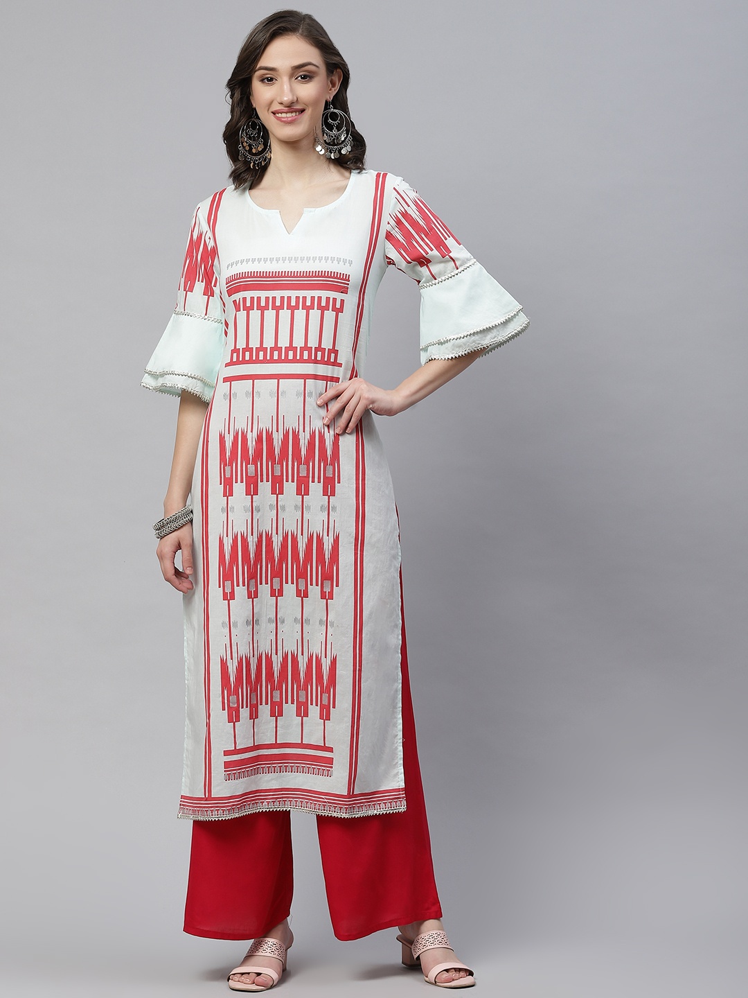 

RIVI Women Turquoise Blue & Pink Ethnic Motifs Printed Bell Sleeves Kurta