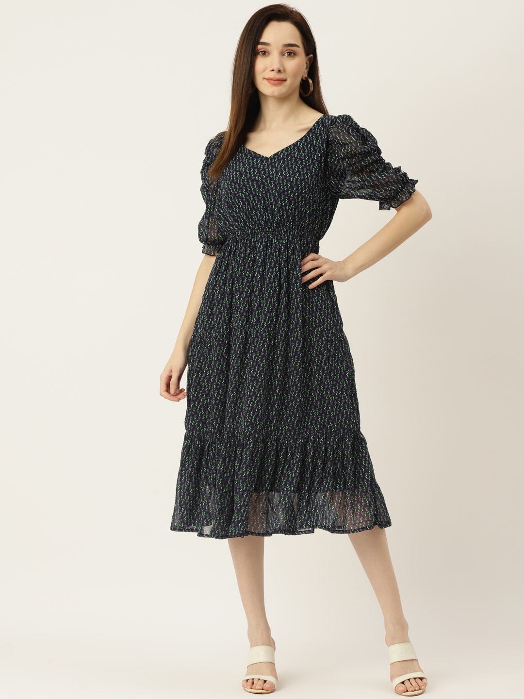 

WISSTLER Navy Blue & Green Floral Puff Sleeves Georgette Midi Dress