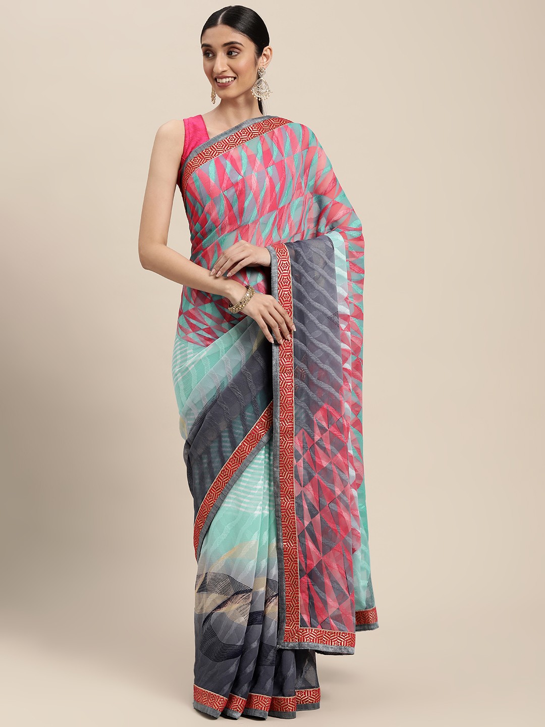 

SANGAM PRINTS Blue & Pink Abstract Printed Saree