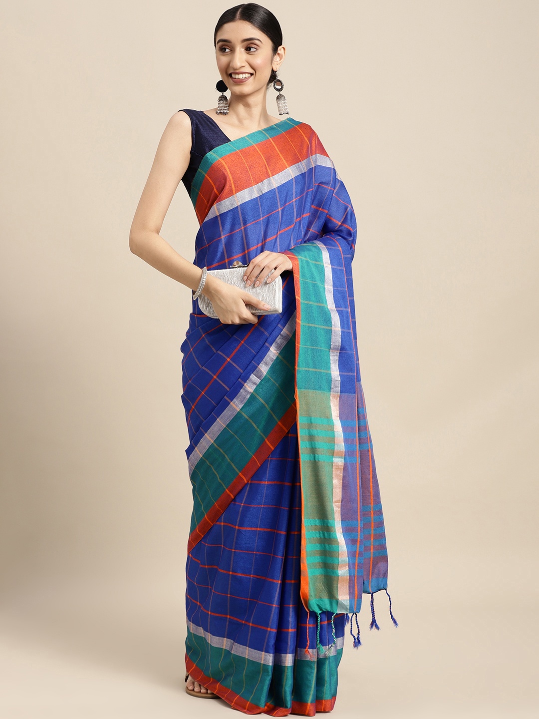 

SANGAM PRINTS Blue & Rust Orange Checked Woven Saree With Unstitched Blouse