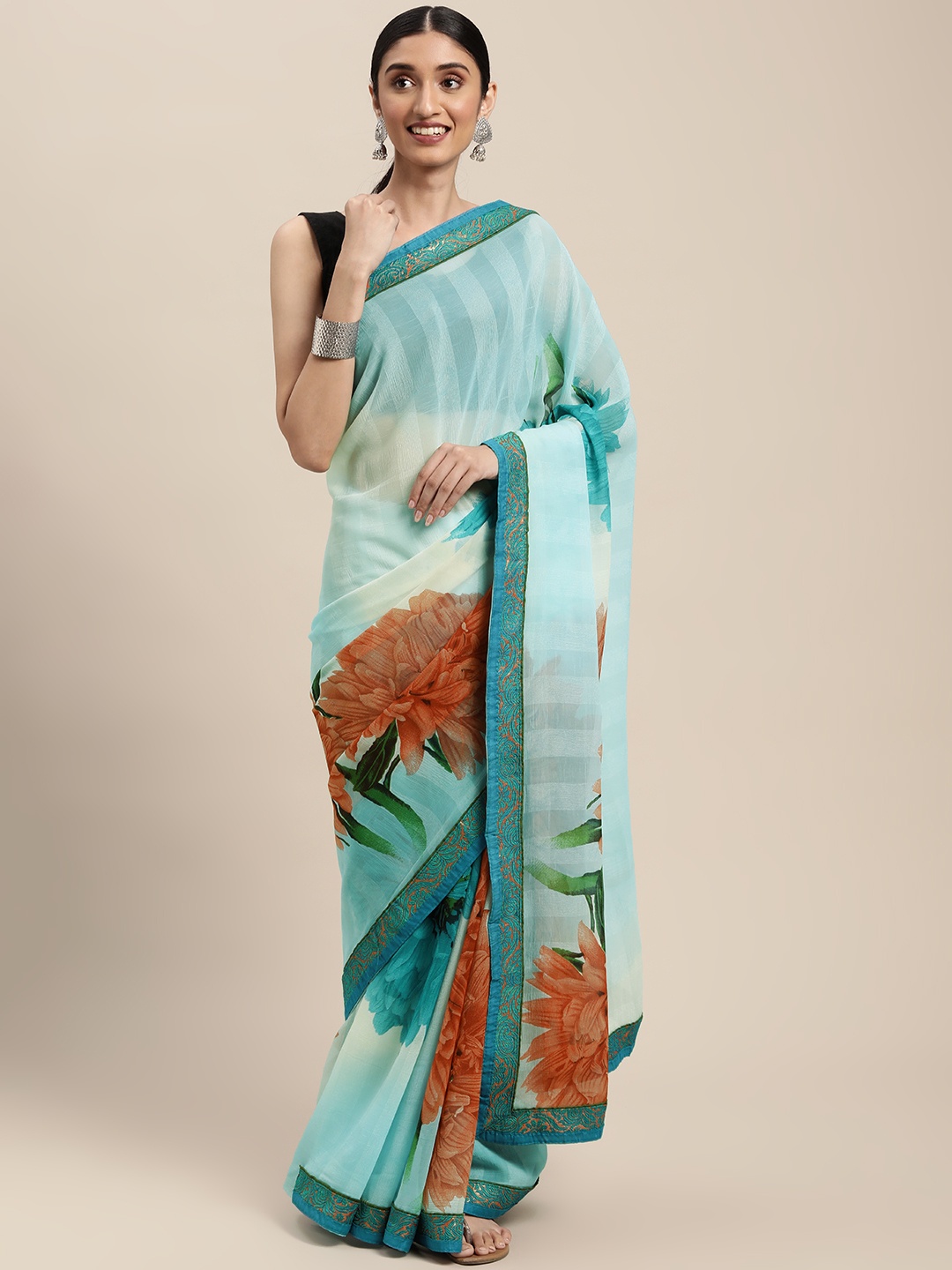 

SANGAM PRINTS Blue & Red Floral Printed Saree