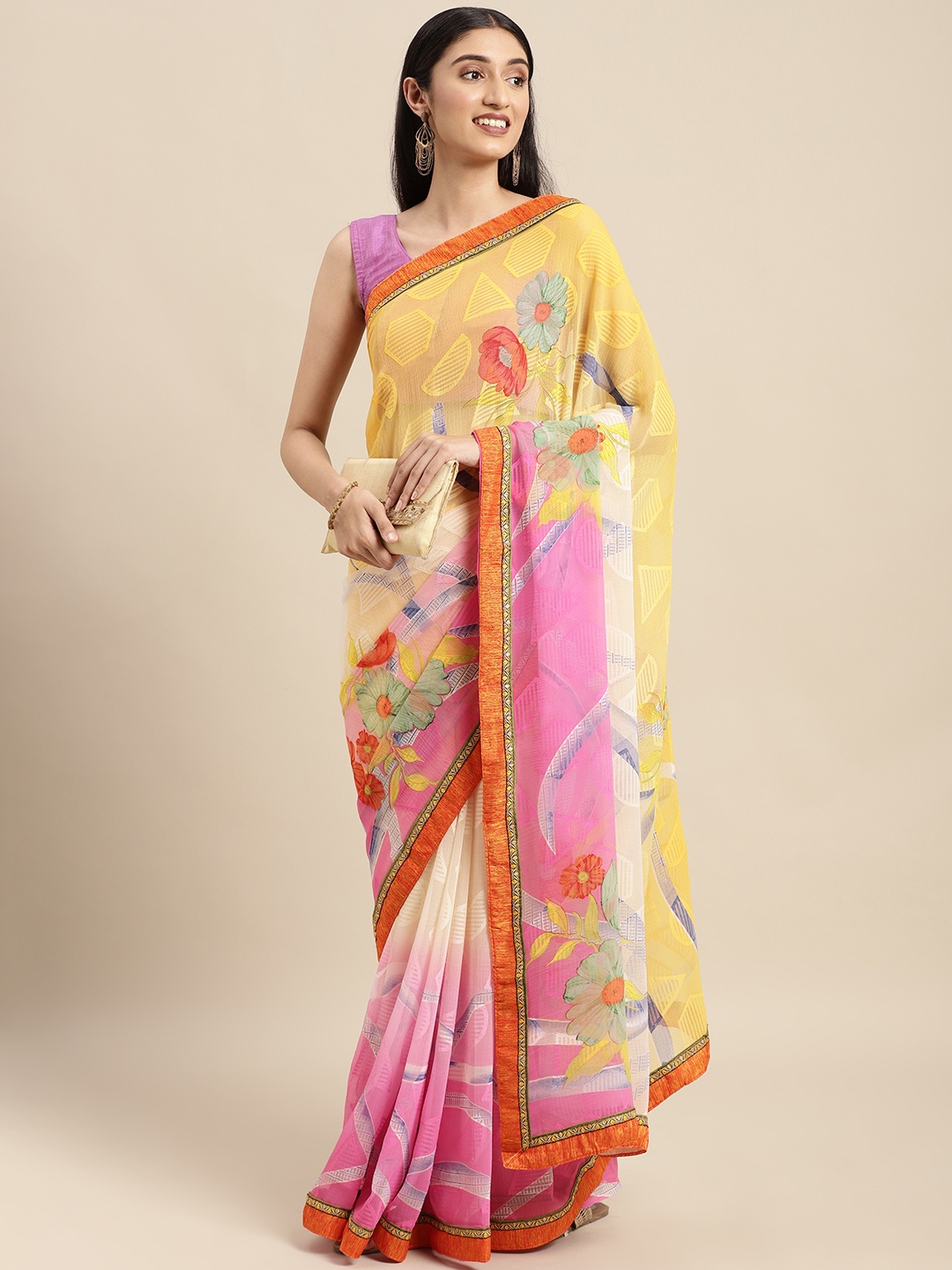 

SANGAM PRINTS Yellow & Pink Floral Saree With Unstitched Blouse