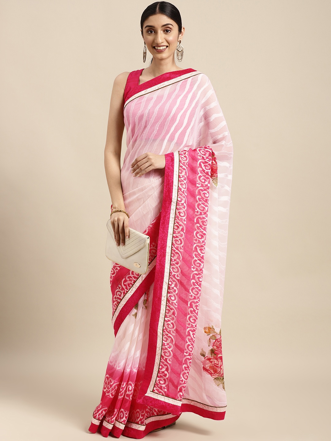 

SANGAM PRINTS Off White & Pink Striped Floral Print Saree With Unstitched Blouse