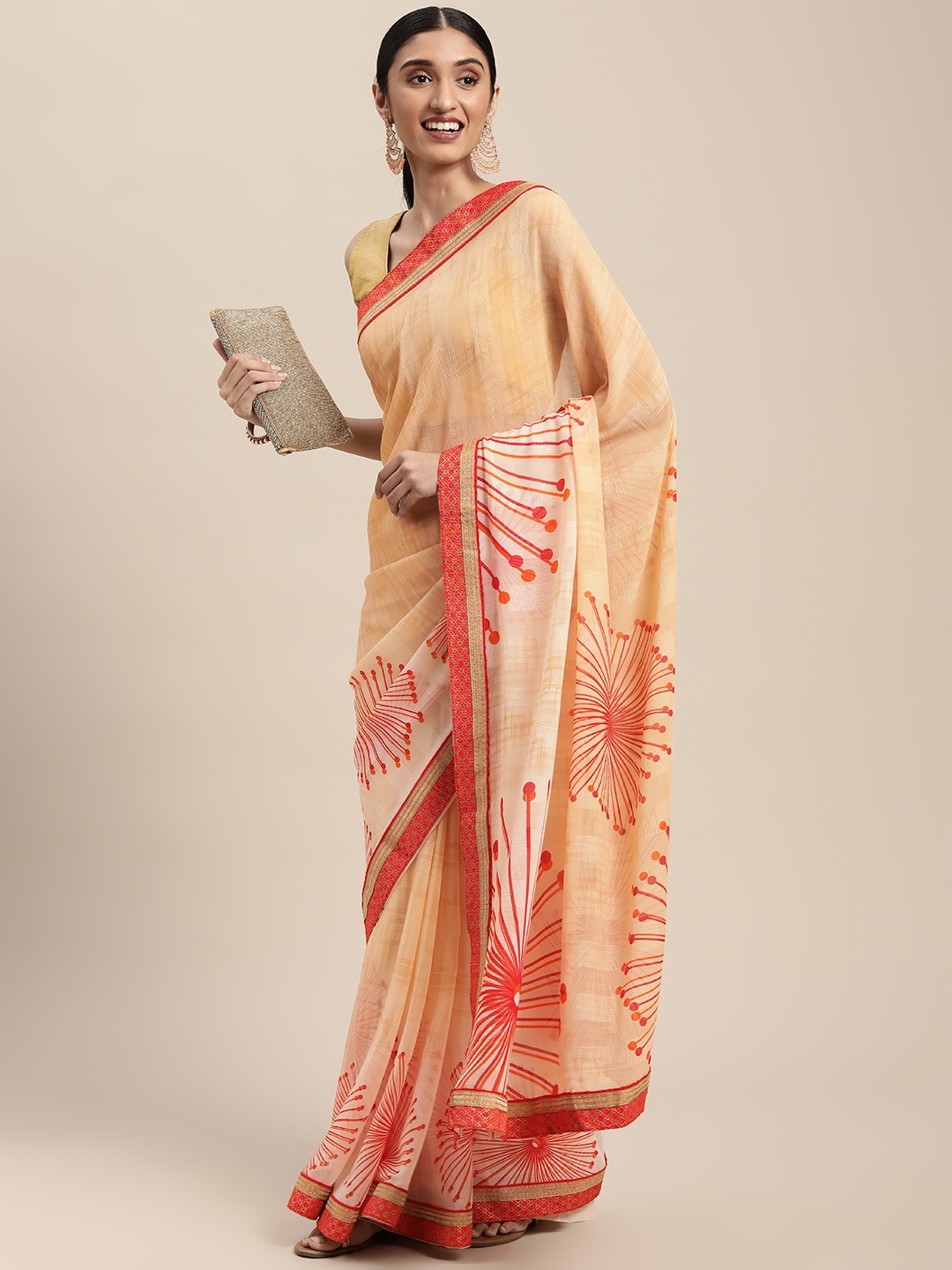 

SANGAM PRINTS Orange & Red Abstract Printed Saree